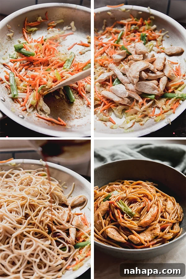 A visual step-by-step collage showing the process of making gluten-free chicken chow mein, from cooking chicken and vegetables to mixing with noodles and sauce in a pan.