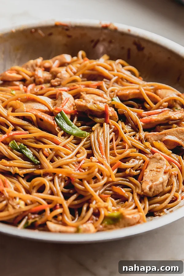 A large pan filled with freshly cooked gluten-free chicken chow mein, ready to be served, showing the glossy noodles, tender chicken, and vibrant vegetables.