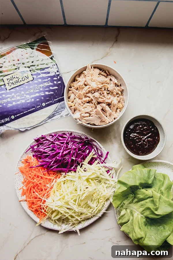 All the ingredients for chicken and vegetable spring rolls on the counter.