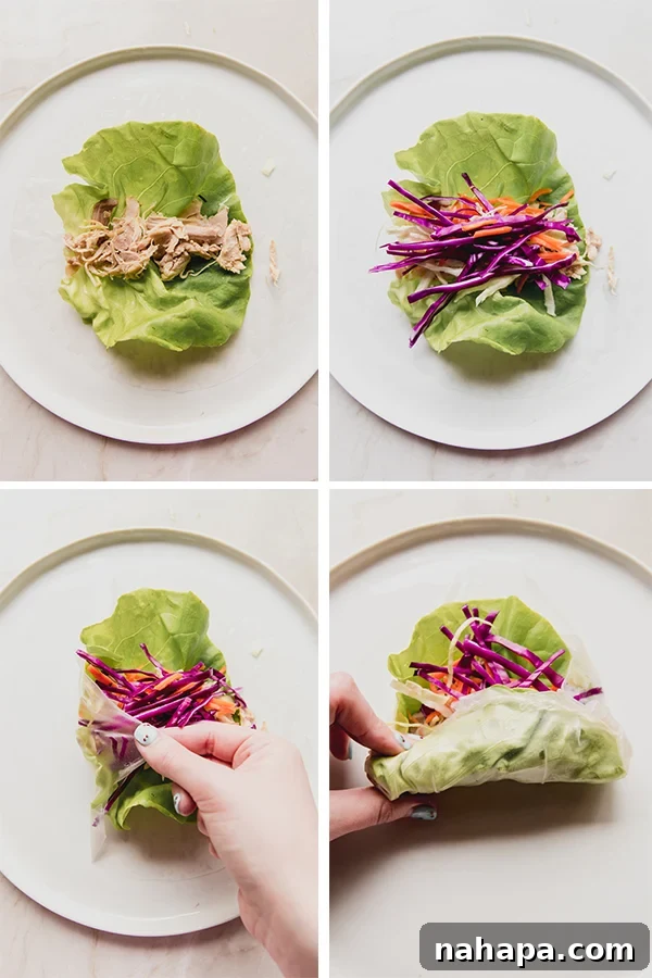 Photos step by step to roll the chicken and vegetable spring rolls.