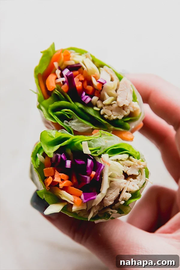 A chicken and vegetable spring roll cut in half being held in a hand.