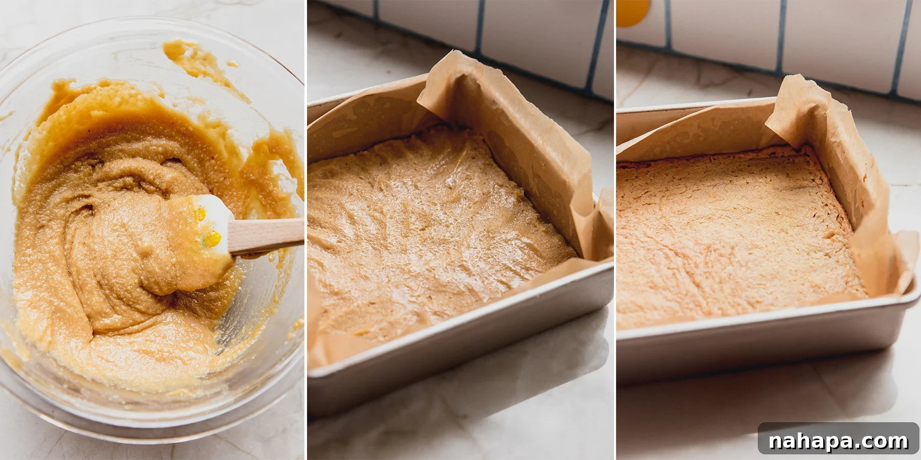 Step-by-step photos illustrating the preparation of the gluten-free graham cracker crust, from mixing ingredients to pressing it into the baking dish.
