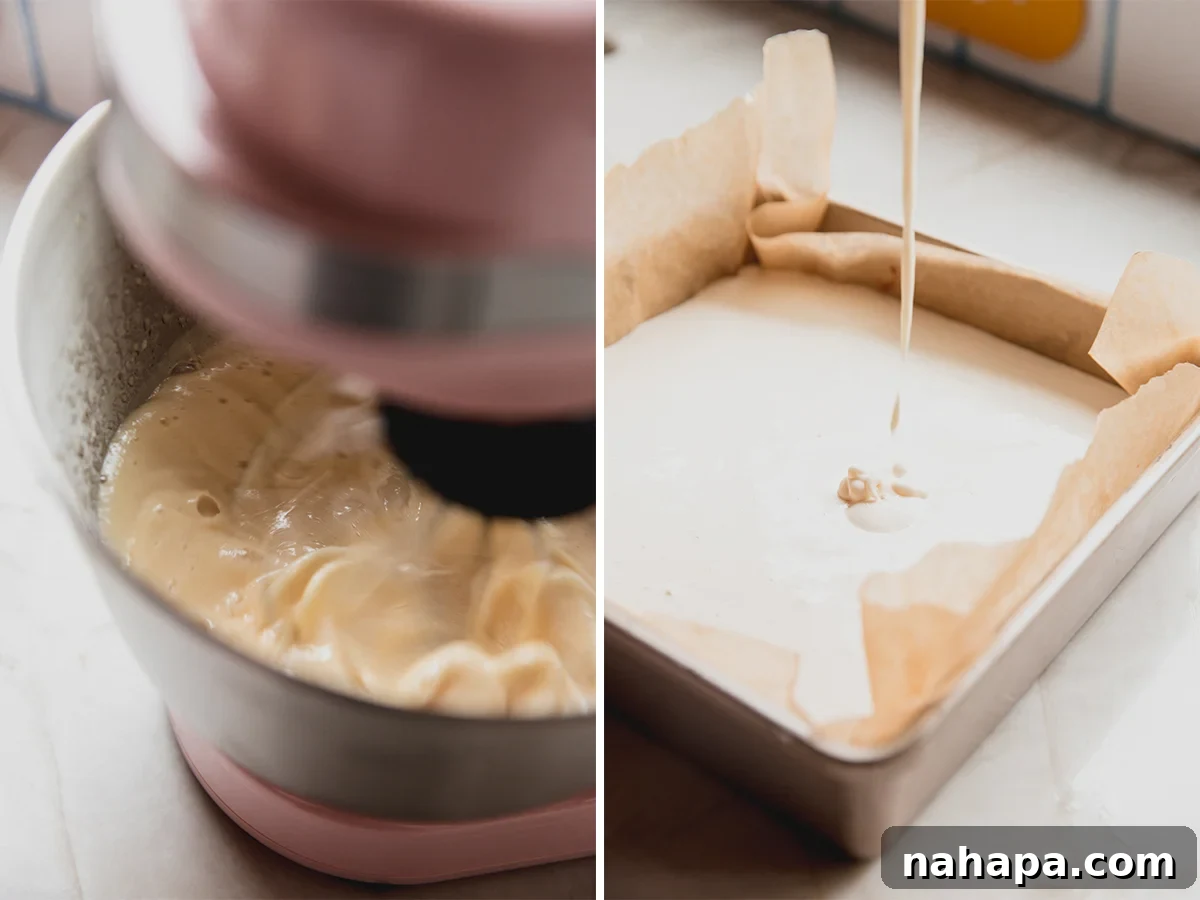Step-by-step photos depicting the creation of the marshmallow layer, from combining ingredients to pouring it over the baked crust.