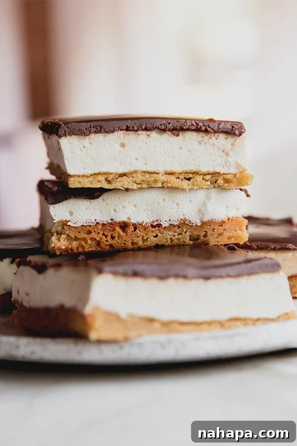 A plate of s'mores bars, perfectly stacked and ready to be served, highlighting their inviting appearance.