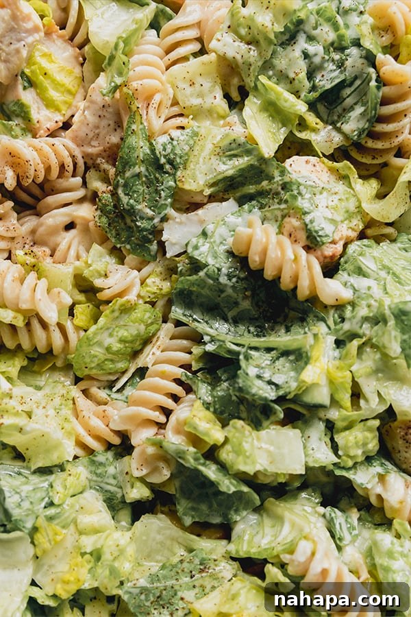 A close-up shot showcasing the textures and components of the chicken caesar pasta salad.