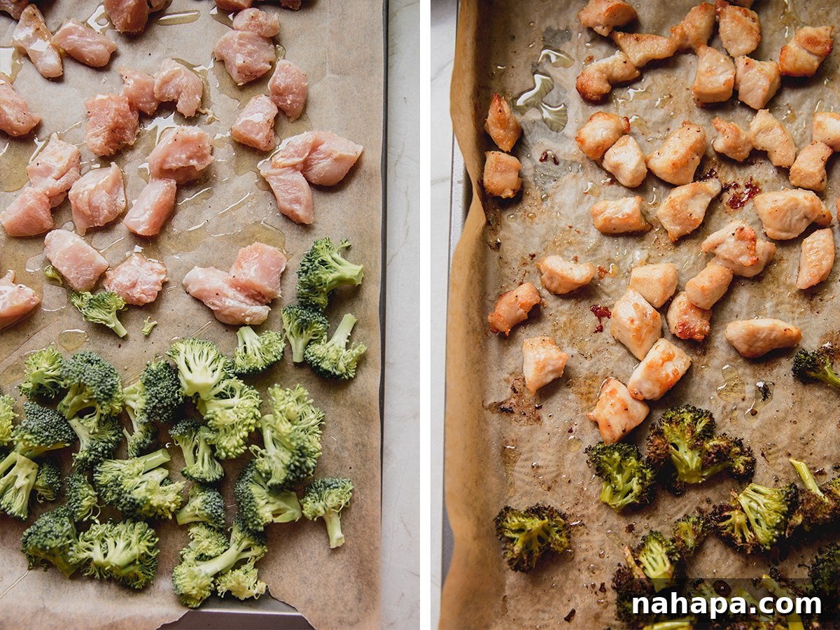 The sheet pan sesame chicken before and after baking.