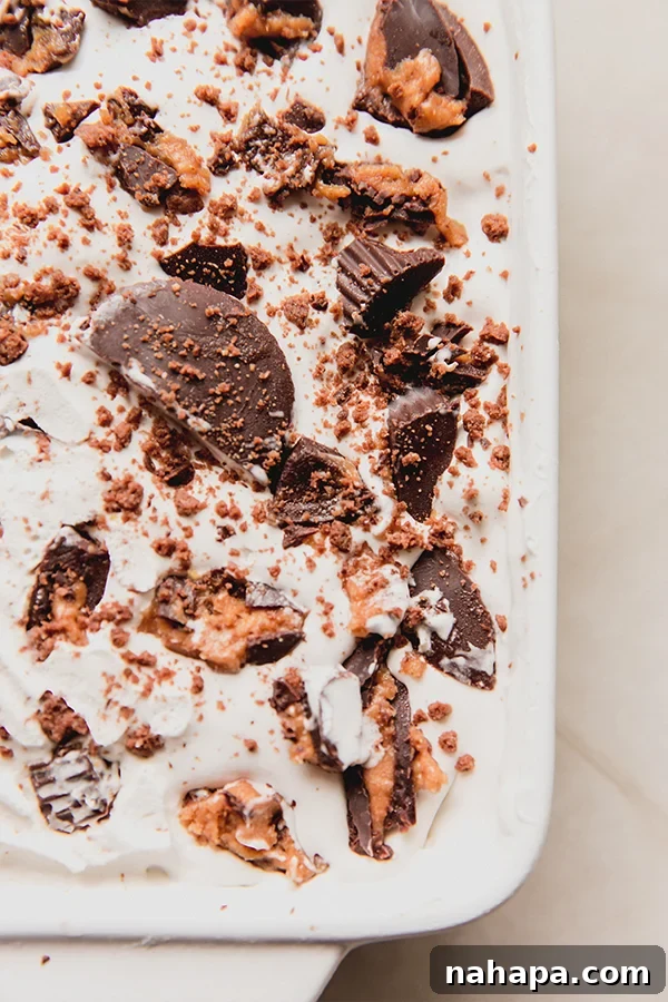 A close-up shot of the finished ice box cake, garnished with crushed almond butter cups and a smooth layer of coconut whipped cream.