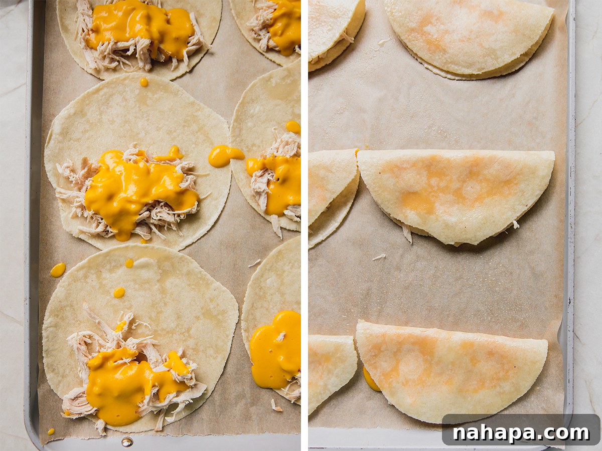 Step by step photos of filling, folding and preparing the quesadillas to go into the oven.