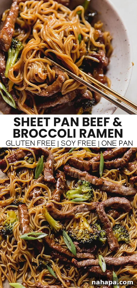 A top-down shot of a sheet pan with the finished beef, broccoli, and ramen, fully tossed with the sauce and garnished with green onions.