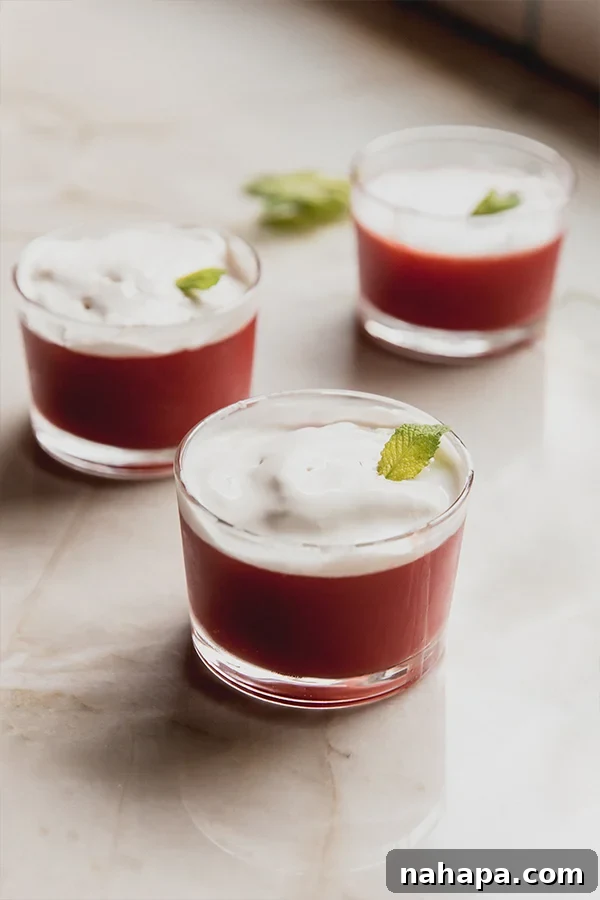 Sicilian Watermelon Delight 2 Three elegant cups of vibrant Sicilian watermelon pudding, garnished with fresh mint leaves and a sprinkle of chocolate chips, sit on a rustic wooden counter, bathed in natural light. A perfect dairy-free summer dessert.