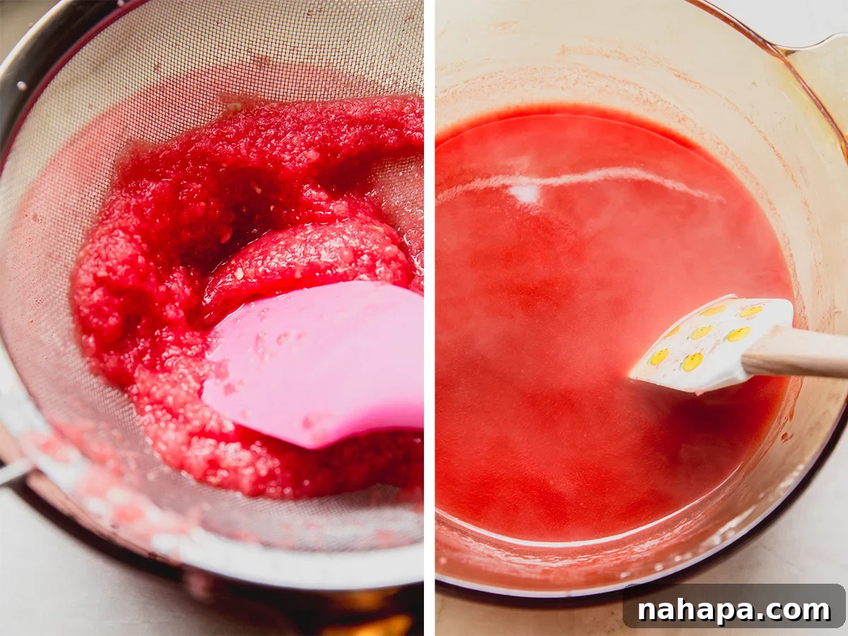 Sicilian Watermelon Delight 4 A medium saucepan containing vibrant pink watermelon juice, with a whisk stirring in white arrowroot starch, ready for cooking to create the pudding base.
