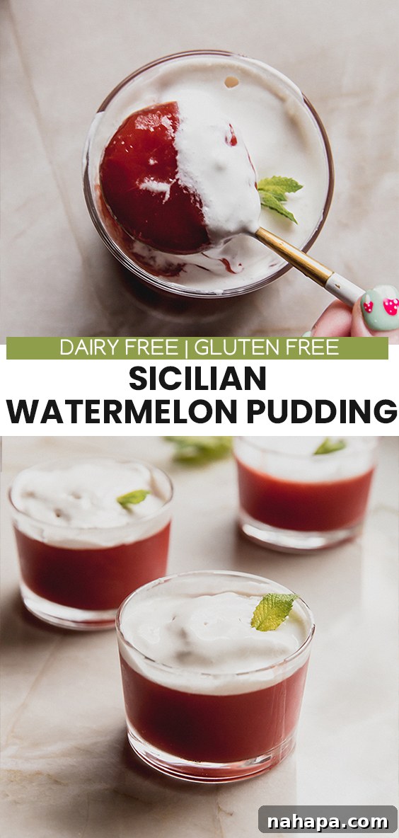 Sicilian Watermelon Delight 6 A Pinterest-optimized graphic featuring the title 'WATERMELON PUDDING' and a tempting image of the finished dessert in a glass, with fresh mint garnish, against a light background.