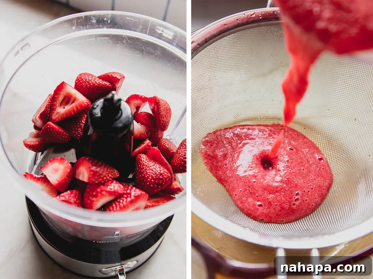 Step-by-step visual of pureeing fresh strawberries in a blender, showing the vibrant red fruit before blending.