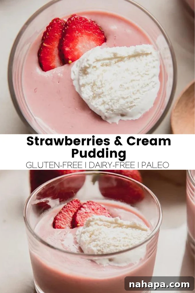 A visually appealing image displaying a finished cup of dairy-free strawberries and cream pudding, possibly with toppings, for social media sharing.