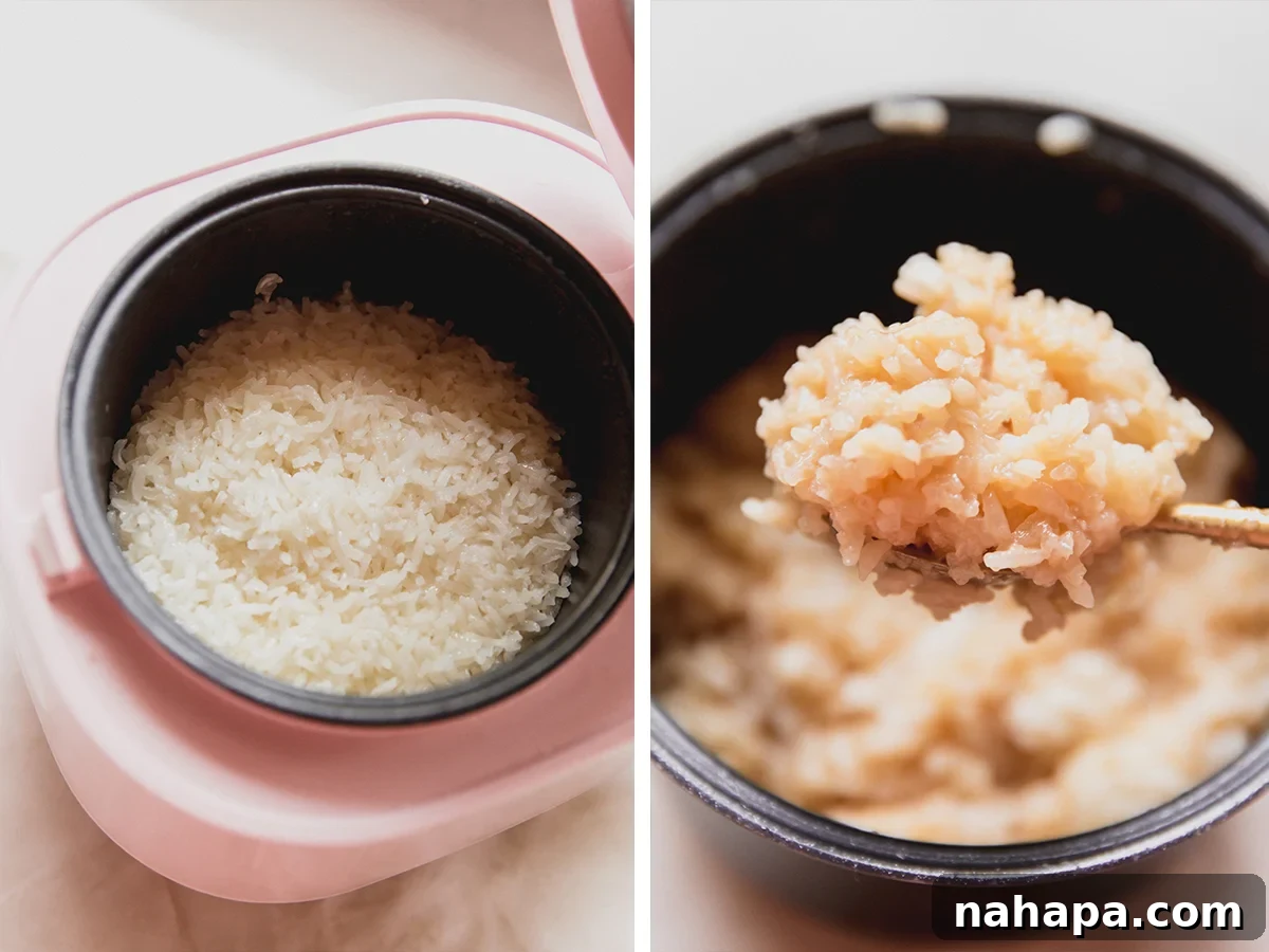 The rice cooker before and after cooking the rice.