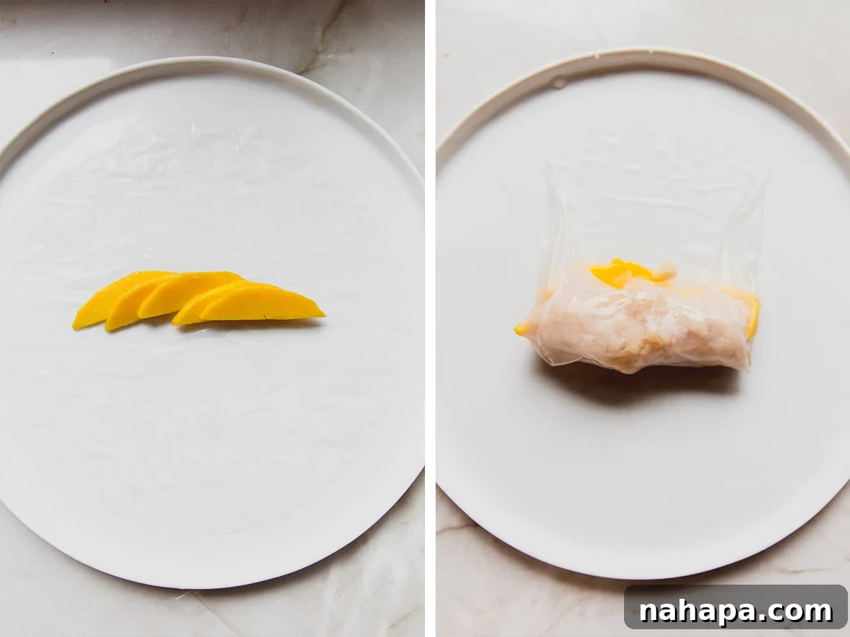 The cut up mango on a plate and then the step of rolling a mango sticky rice rolls.
