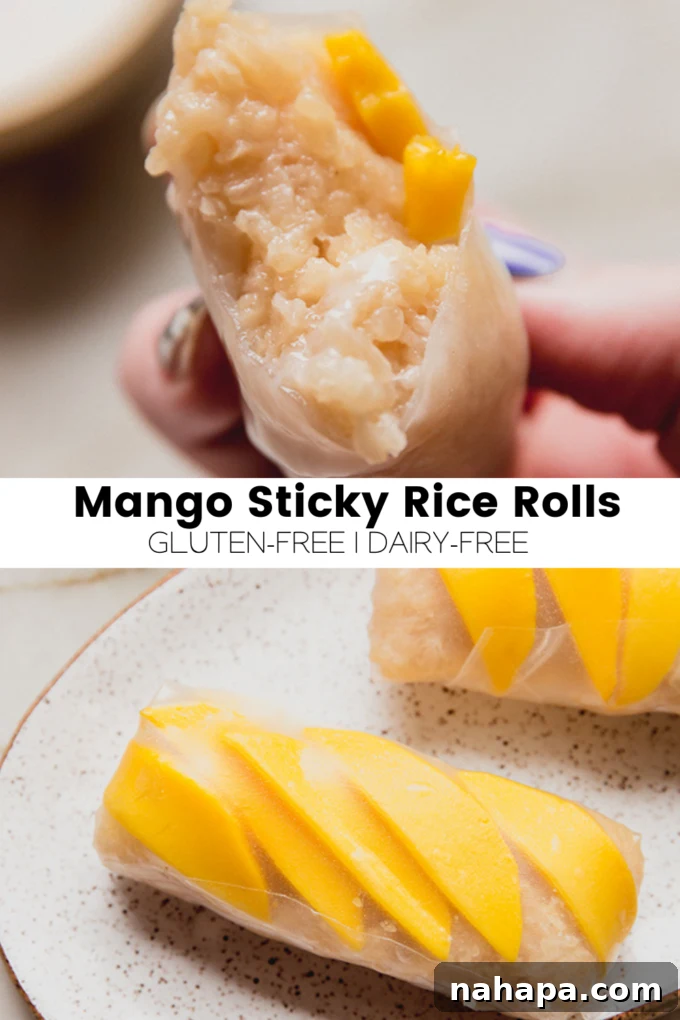 Mango Sticky Rice Rolls with a bite taken out, showing the layers of mango and sticky rice.