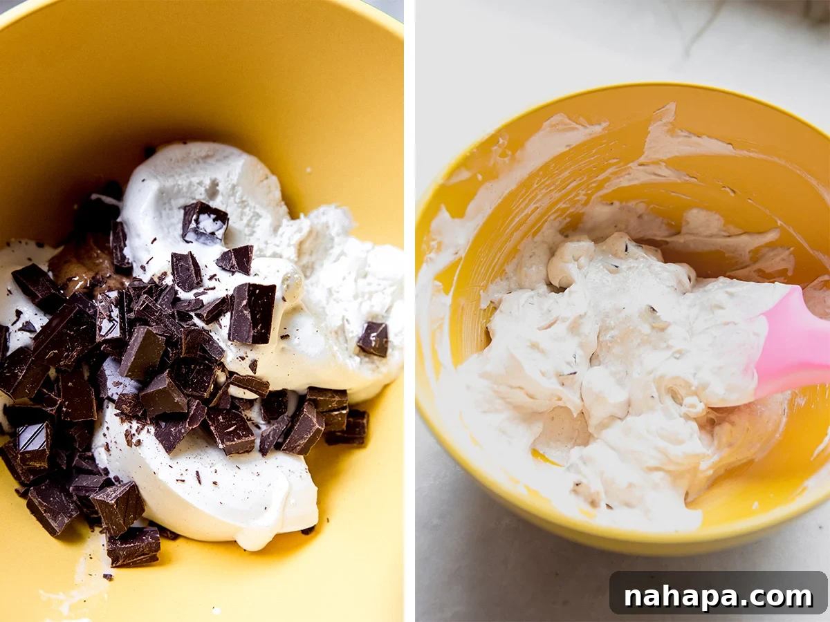 Before and after combining ingredients for Snickers Salad Dip: on the left, individual ingredients are displayed; on the right, they are mixed into a creamy, chunky dip.