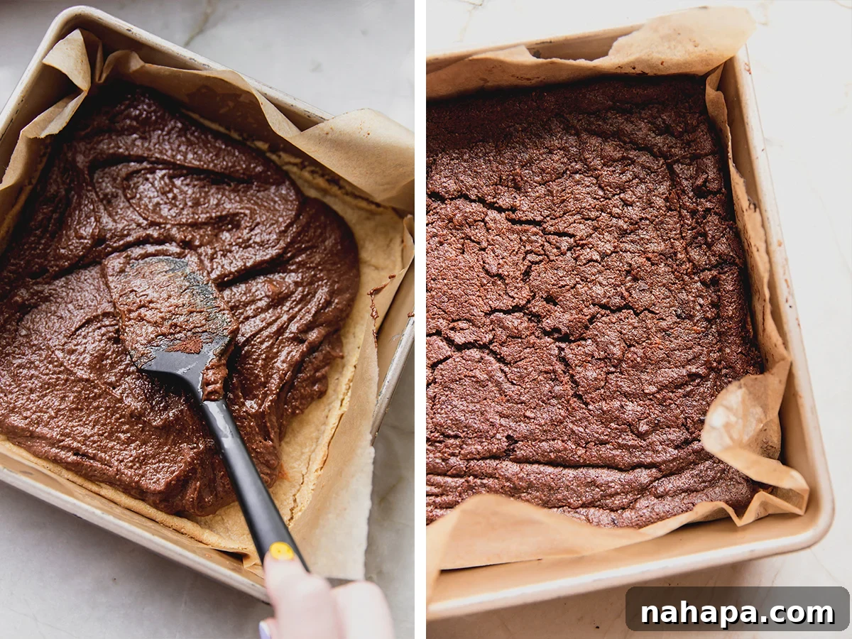 Photos of the brownie layer before and after baking.