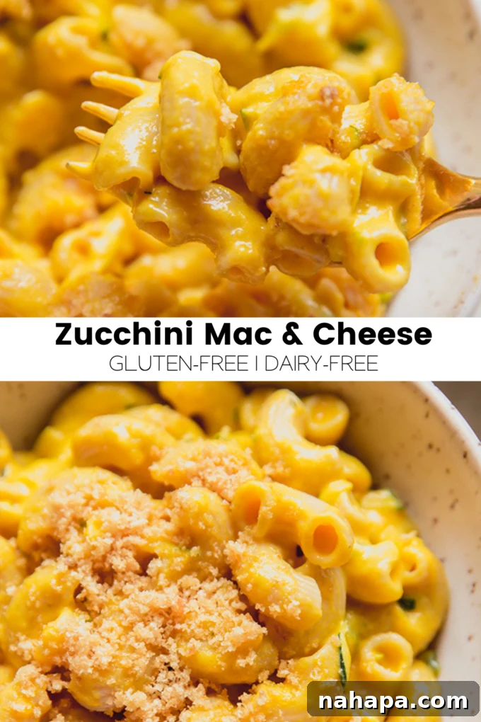A beautifully composed flat lay of Zucchini Mac and Cheese, showcasing the golden pasta and creamy sauce, garnished with fresh green herbs. The lighting emphasizes the texture and warmth of the dish.