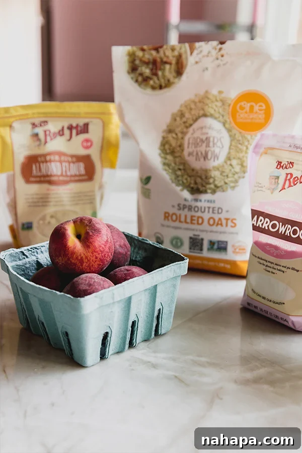 The ingredients needed to make air fryer peach crisp.