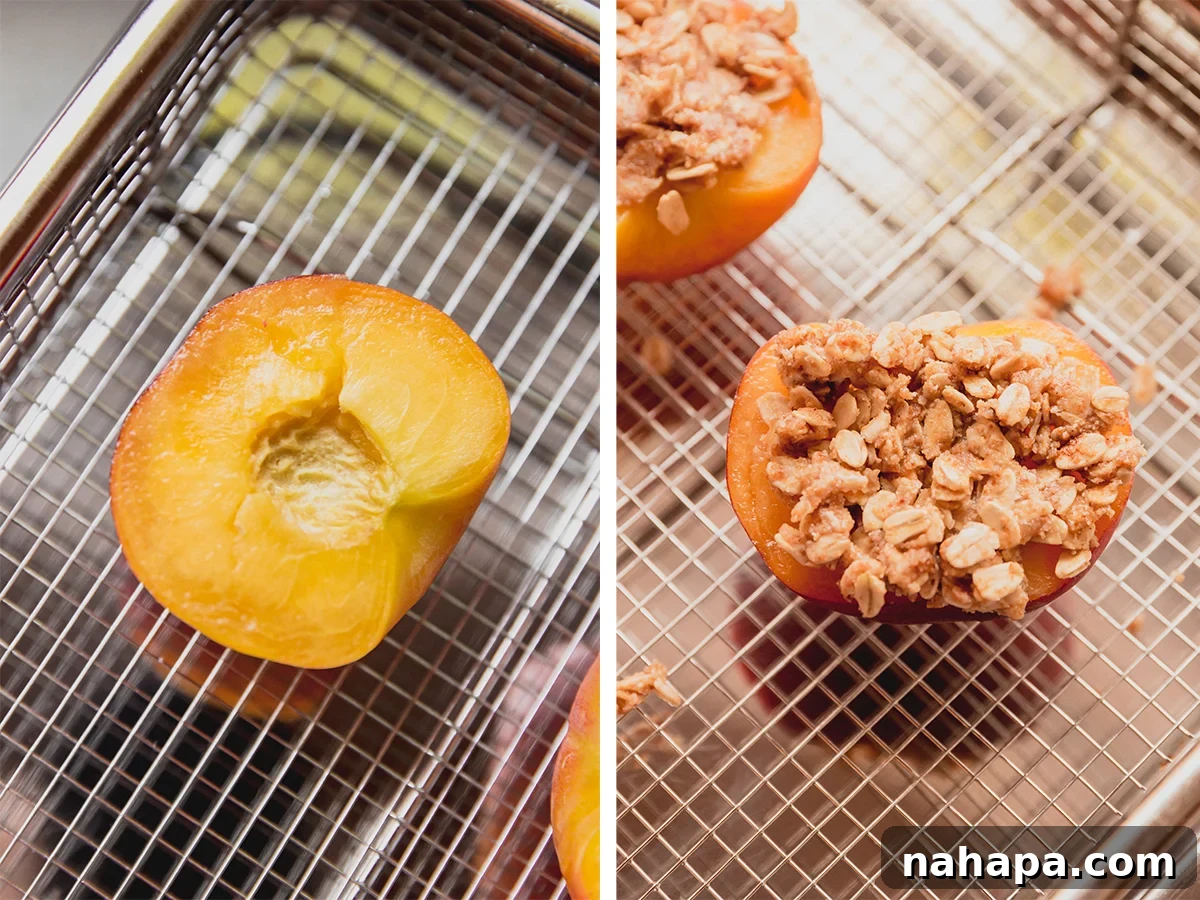 A peach before and after having the crumble topping added to it.