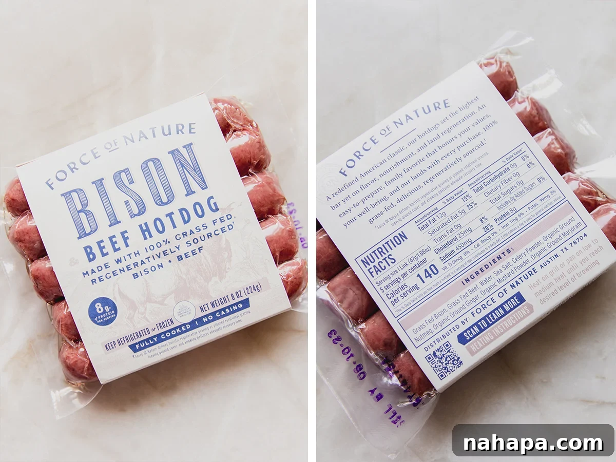 A package of Force of Nature hot dogs sits on a kitchen counter, ready to be prepared for the healthier hot dog and veggie hash.