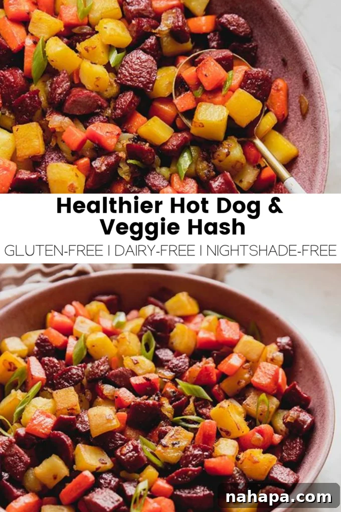 A high-quality Pinterest graphic for Healthier Hot Dog & Veggie Hash recipe, perfect for sharing on social media.