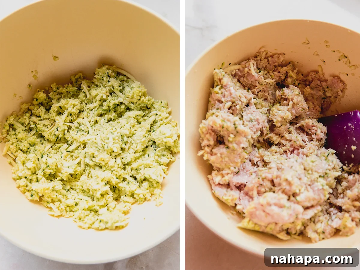 Bowls showcasing freshly grated zucchini and sweet potato, alongside the prepared zucchini chicken nugget mixture before cooking.