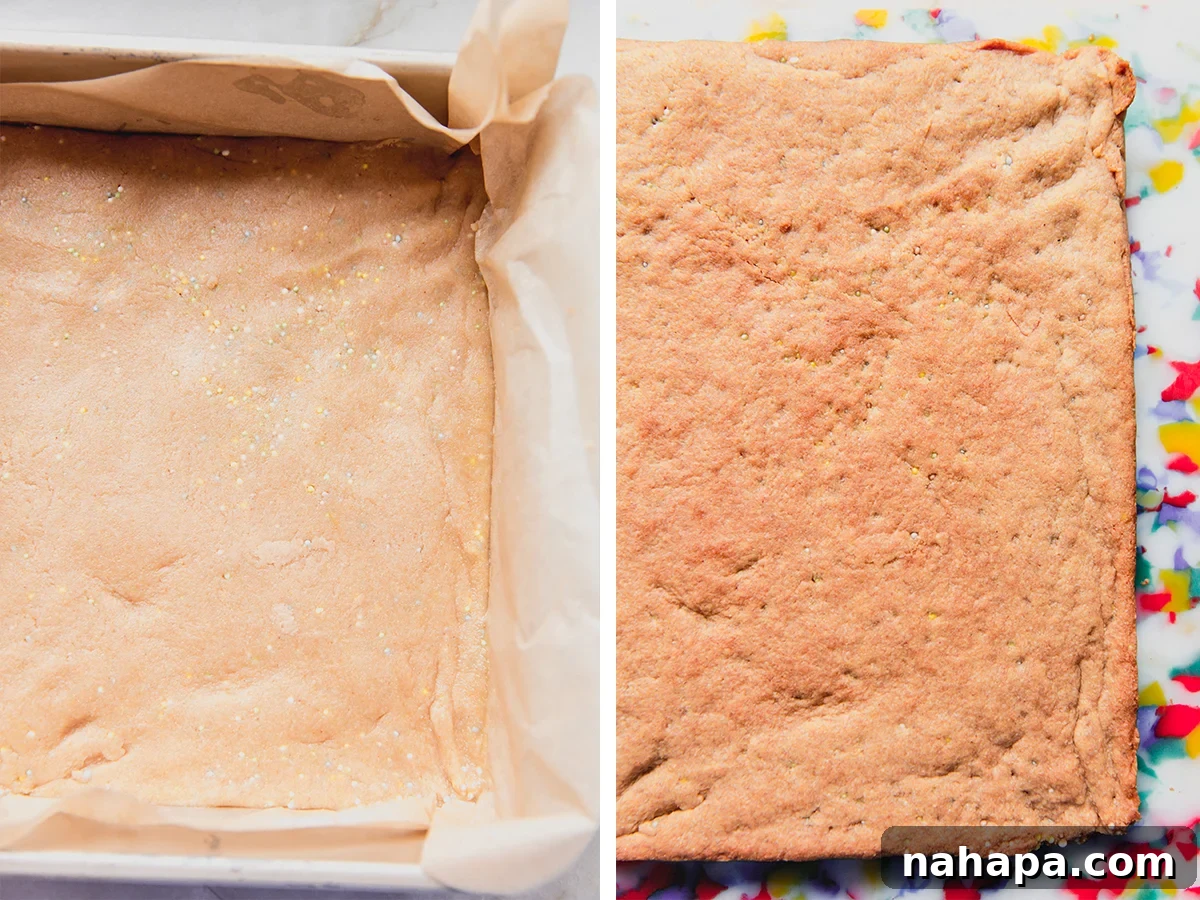 The funfetti pink sugar cookie bars before and after baking.