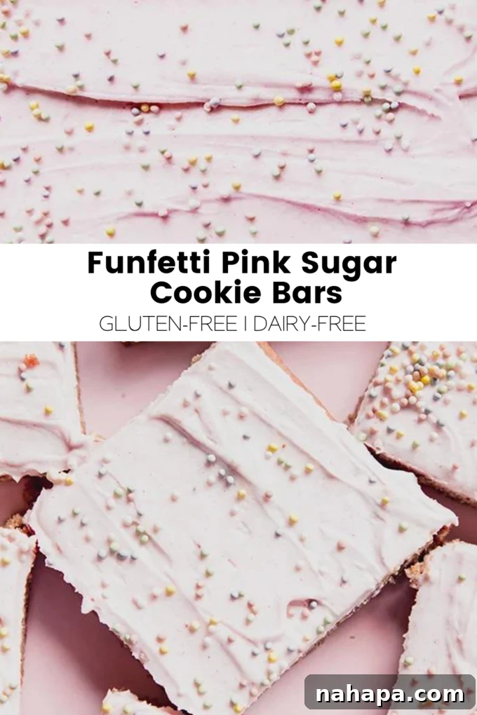 Funfetti Pink Sugar Cookie Bars with a recipe card graphic.