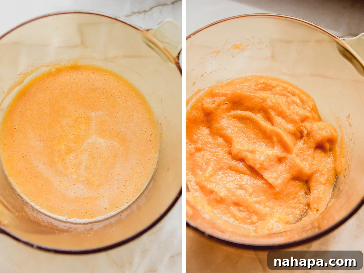 The peach ring gummy mixture before and after adding ingredients, showing the transition from liquid to a more viscous state.