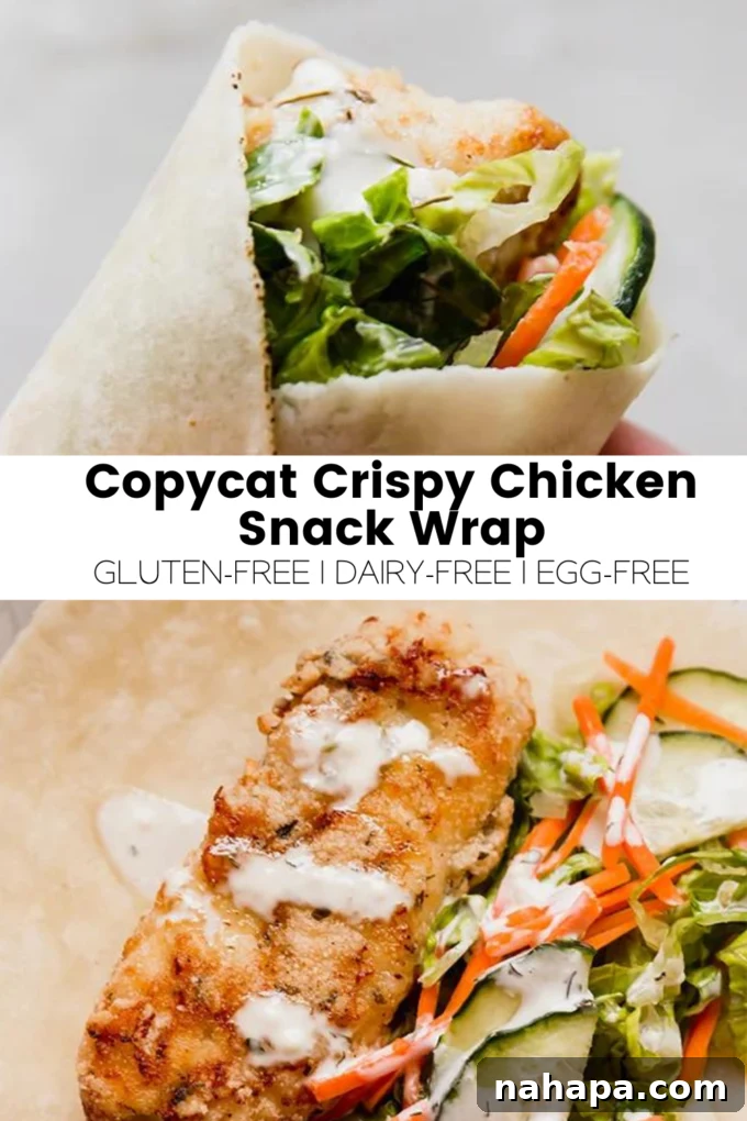 An infographic summarizing the crispy chicken snack wrap recipe.