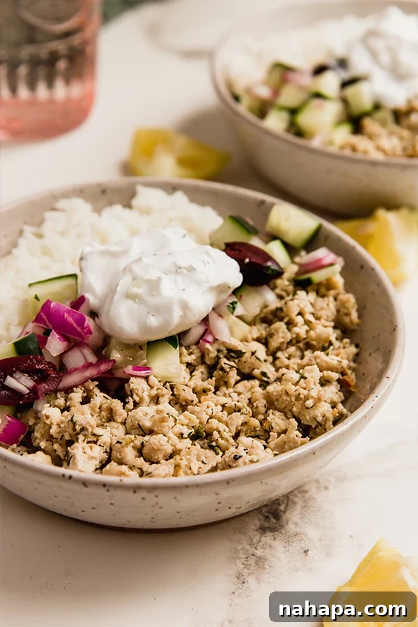 15 Simple Gluten and Dairy Free Lunch Solutions 11 Healthy Greek ground chicken bowls with cucumber, tomatoes, and a creamy sauce.