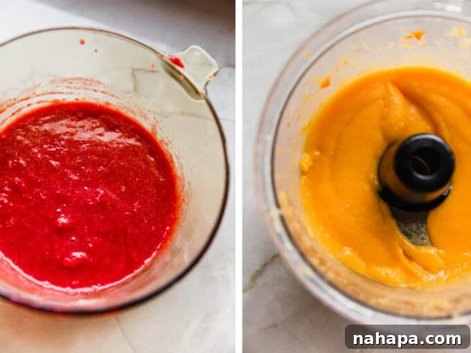 The vibrant, blended fruit and vegetable mixture in a pot, ready to be heated and set into homemade fruit snacks.