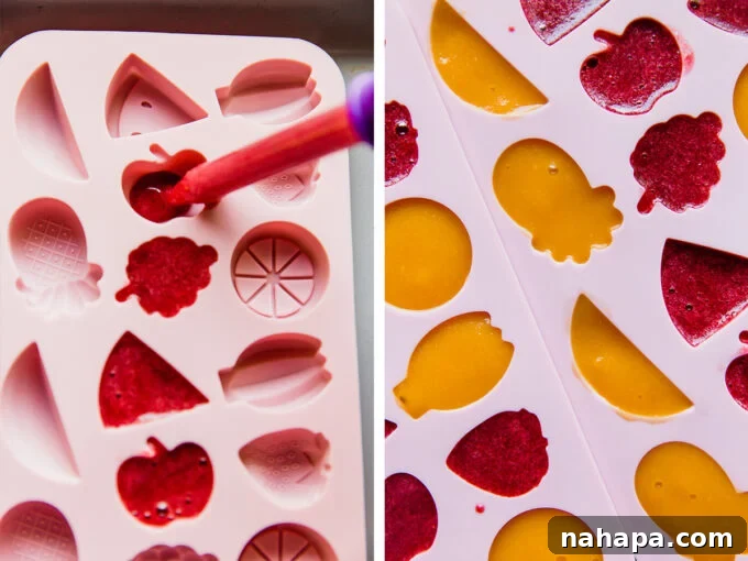 Step-by-step photographs showing the process of carefully filling silicone molds with the fruit snack mixture using a dropper.