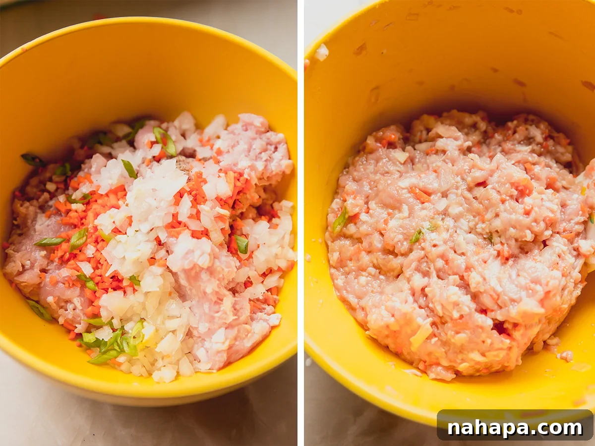 The savory filling mixture for cabbage roll dumplings, shown before and after thorough mixing, showcasing its uniform texture.