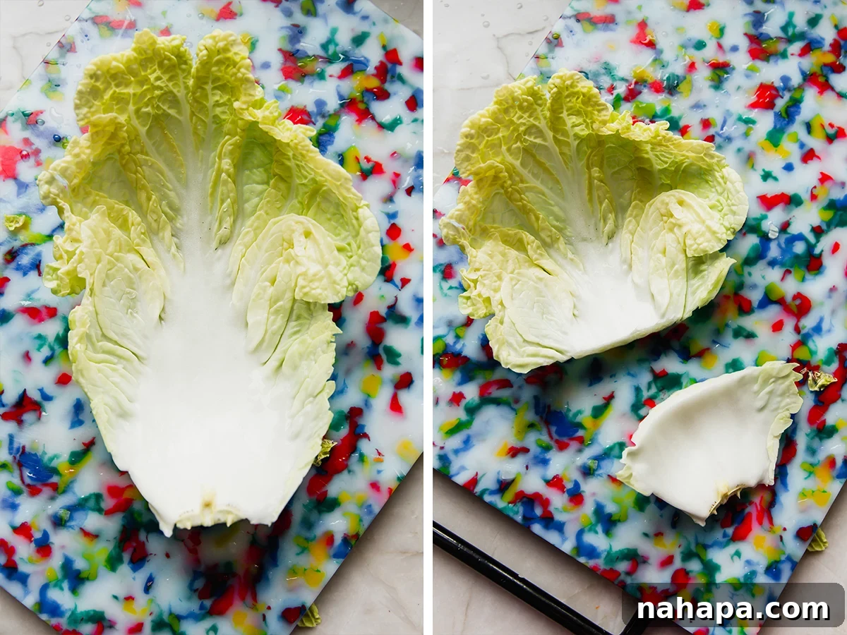 Napa cabbage leaves for cabbage roll dumplings, shown before and after trimming the thick white stems for easier rolling.