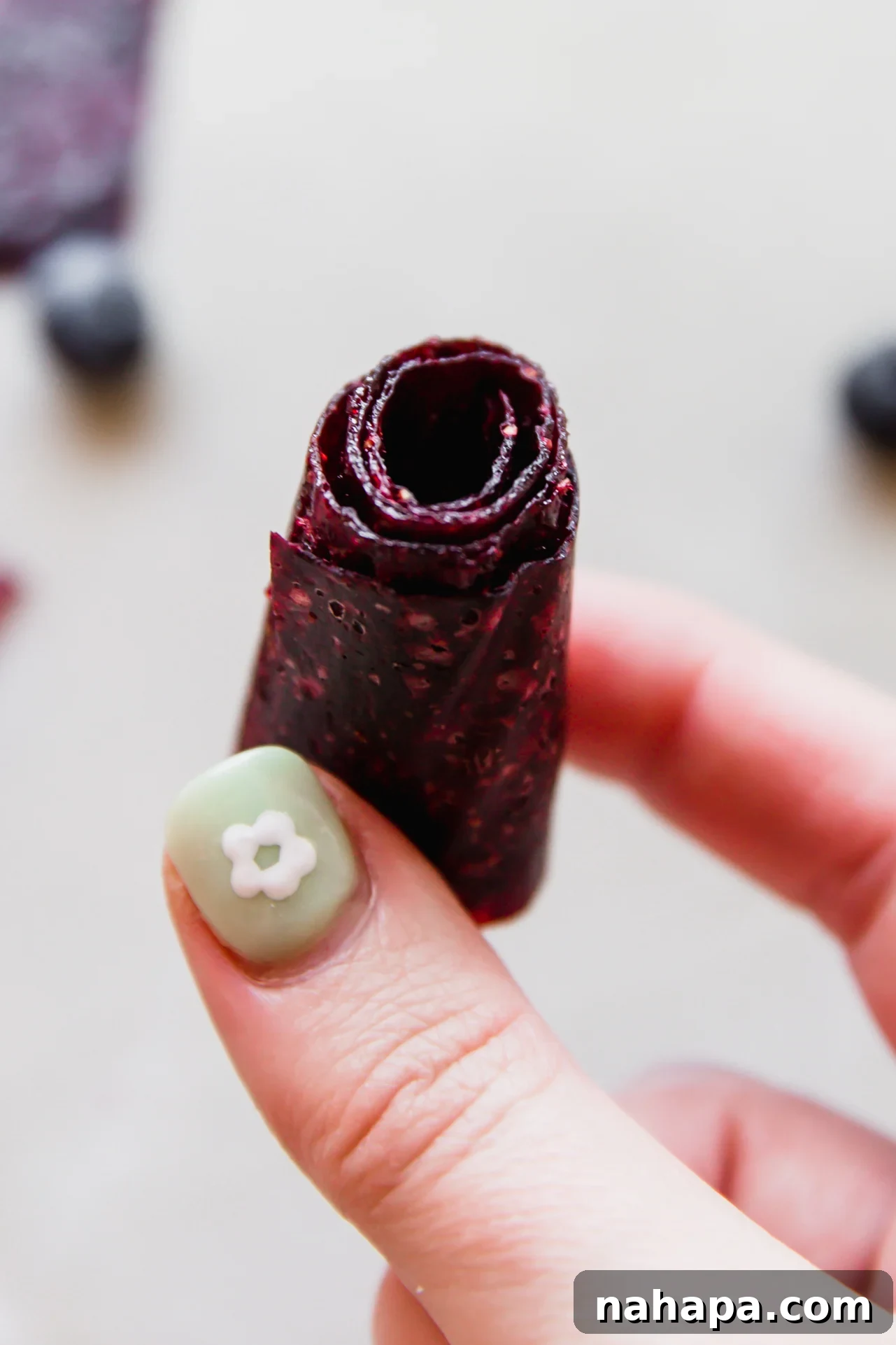 A single homemade fruit roll-up, perfectly coiled and ready to eat, showcasing its pliable texture and vibrant fruit color.