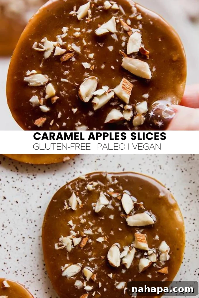 A vibrant promotional graphic for Caramel Apple Slices (Dairy Free) with text overlay, highlighting a healthy and delicious snack.