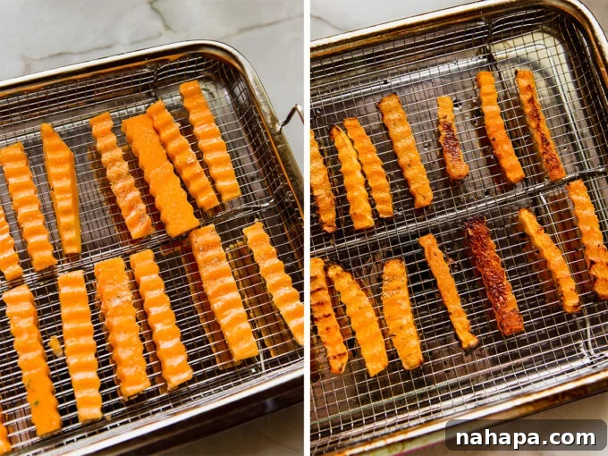 Air Fryer Crispy Zig Zag Butternut Squash Fries 5 Butternut squash zig-zag fries before and after air frying, showcasing their transformation to golden crispiness.