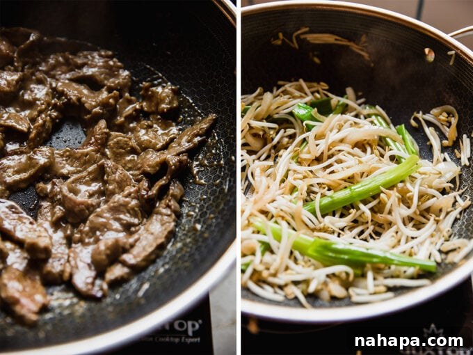 Wok-Kissed Gluten-Free Beef Chow Fun 4 Close-up photo of flank steak cooking in a hot wok, showing perfect caramelization before being removed.
