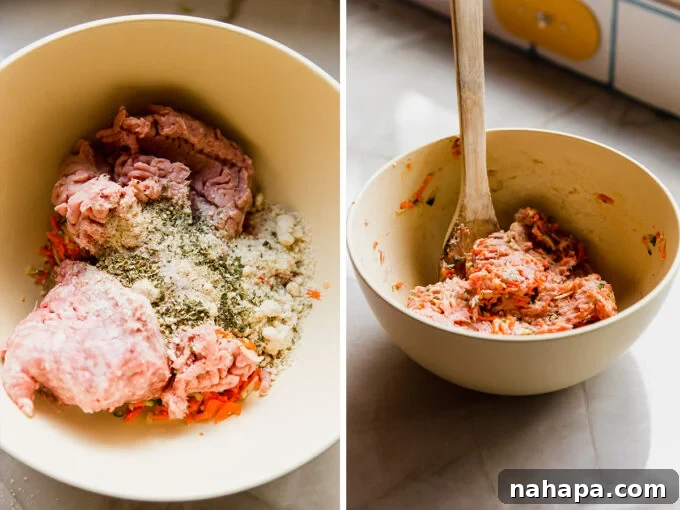 Before and after combining ingredients for hidden veggie meatballs, showing shredded vegetables and mixed meatball mixture.