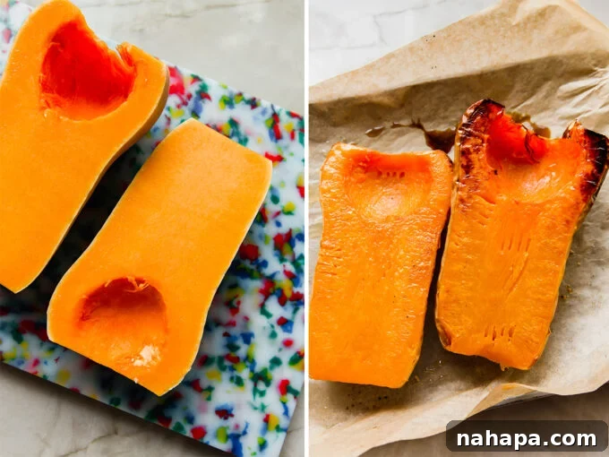 Detailed process shots showing butternut squash before and after baking, illustrating the transformation from raw to tender, golden flesh.
