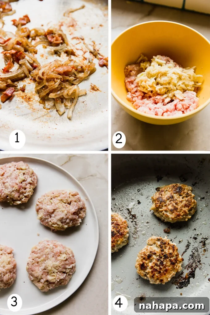 Step-by-step photos illustrating the process of making, shaping, and cooking the Apple Chicken Burgers, from raw ingredients to golden-brown patties.
