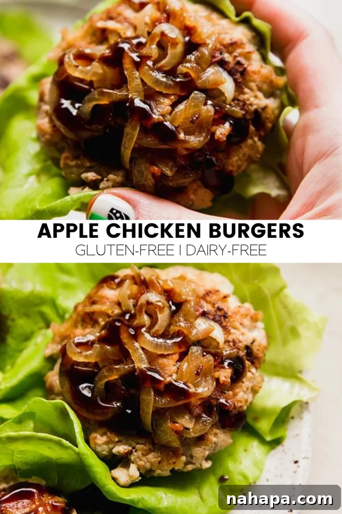 A graphic image of a finished Apple Chicken Burger with textual overlay, highlighting the recipe's name and appeal.