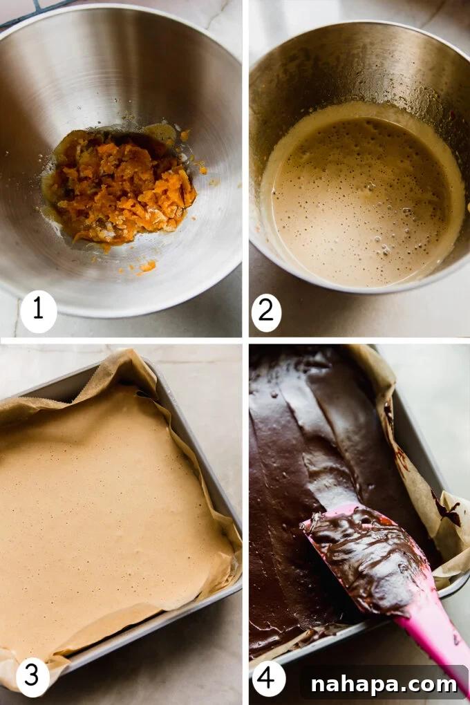 Step by step photos of making and baking pumpkin spice s'mores, showing the marshmallow layer being spread over the crust.