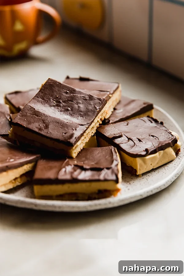 A plate of pumpkin spice s'mores bars ready to be eaten, showing off their perfect layers and inviting autumn colors!