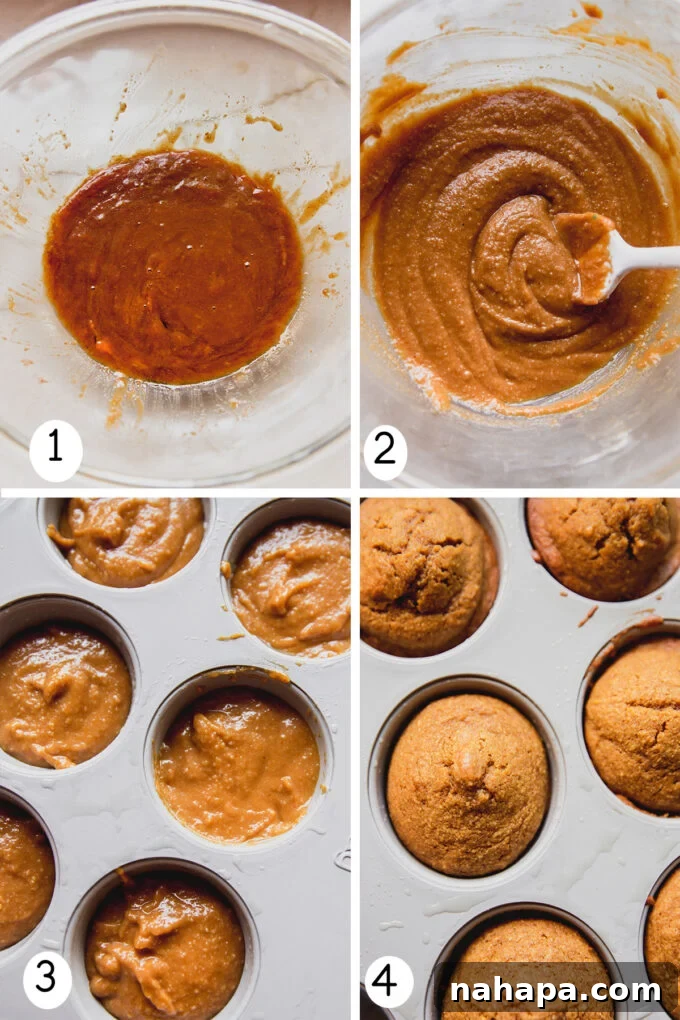 Delicious Gluten-Free and Dairy-Free Pumpkin Spice Cupcakes 3 Step by step photos showing the process of making pumpkin spice cupcakes, from batter to baked.