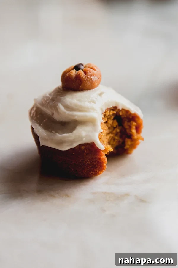 Delicious Gluten-Free and Dairy-Free Pumpkin Spice Cupcakes 5 A pumpkin spice cupcake with a bite taken out, showing the moist, spiced interior.